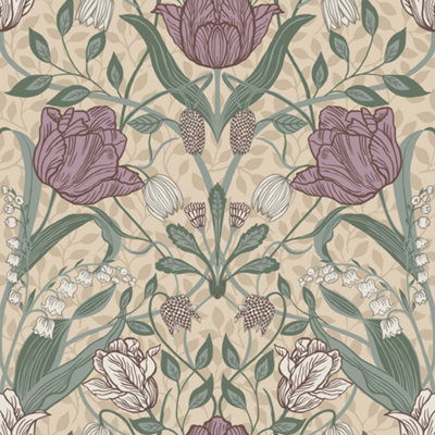 Galerie Apelviken Beige Green Pink Brown Anemone Smooth Wallpaper