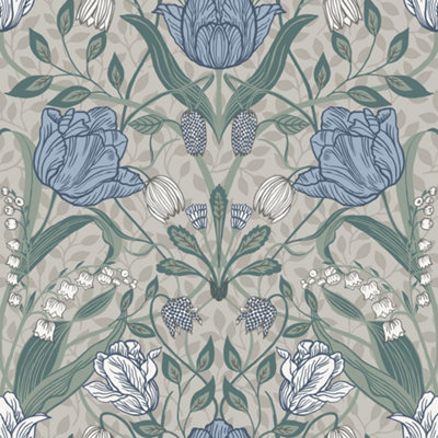 Galerie Apelviken Cream Blue Green Grey Tulip Trail Smooth Wallpaper