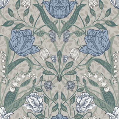 Galerie Apelviken Cream Blue Green Grey Tulip Trail Smooth Wallpaper