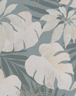 Galerie Avalon Blue Grey Gold Beige Tropical Leaves Embossed Wallpaper