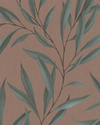 Galerie Avalon Green Brown Large Leaf Trail Embossed Wallpaper