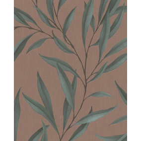 Galerie Avalon Green Brown Large Leaf Trail Embossed Wallpaper