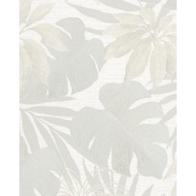 Galerie Avalon Grey Beige Tropical Leaves Embossed Wallpaper