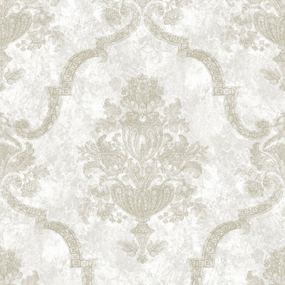 Galerie Azulejo Beige Porto Large Distressed Baroque Damask Wallpaper Roll