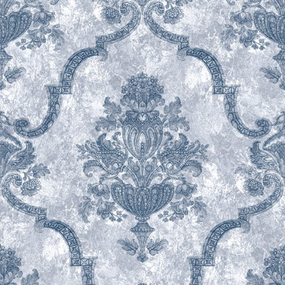 Galerie Azulejo Blue Porto Large Distressed Baroque Damask Wallpaper Roll