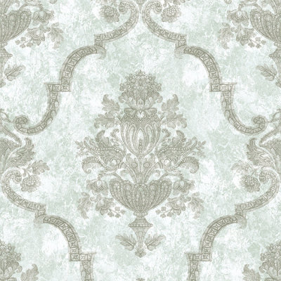 Galerie Azulejo Grey Porto Large Distressed Baroque Damask Wallpaper Roll