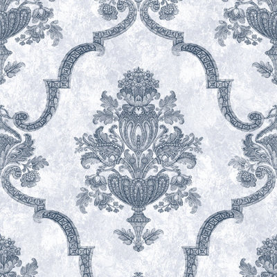 Galerie Azulejo Navy Porto Large Distressed Baroque Damask Wallpaper Roll