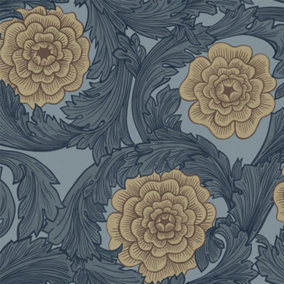 Galerie Blomstermala Blue Beige Brown Big Bloom Smooth Wallpaper