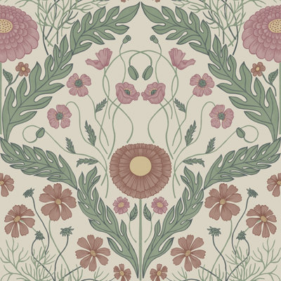 Galerie Blomstermala Green Red Pink Leafy Bloom Smooth Wallpaper