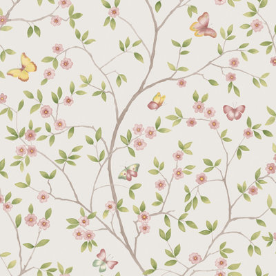 Galerie Blomstermala Pink Green Beige White Butterfly Trail Smooth Wallpaper