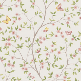 Galerie Blomstermala Pink Green Beige White Butterfly Trail Smooth Wallpaper