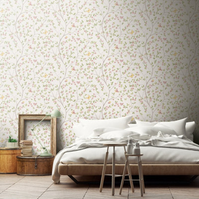Galerie Blomstermala Pink Green Beige White Butterfly Trail Smooth Wallpaper