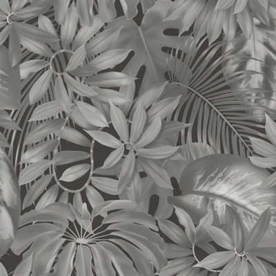 Galerie Blooming Wild Black/Grey Tropical Leaf Motif Wallpaper Roll