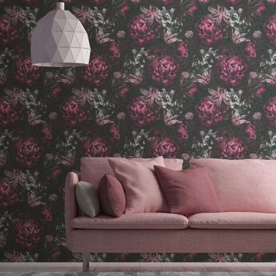 Galerie Blooming Wild Purple/Black Antique Floral Motif Wallpaper Roll