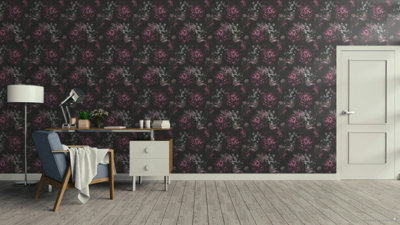 Galerie Blooming Wild Purple/Black Antique Floral Motif Wallpaper Roll