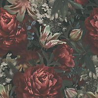 Galerie Blooming Wild Red/Green Antique Floral Motif Wallpaper Roll