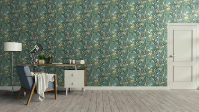 Galerie Blooming Wild Tropical Green Tropical Leaf Motif Wallpaper Roll