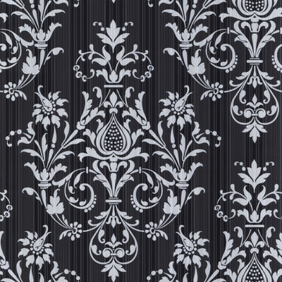 Galerie Classic Silks 3 Black Striped Damask Smooth Wallpaper