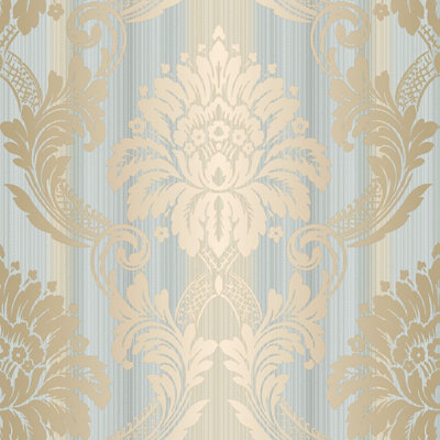 Galerie Classic Silks 3 Blue Fine Stripe Damask Embossed Wallpaper