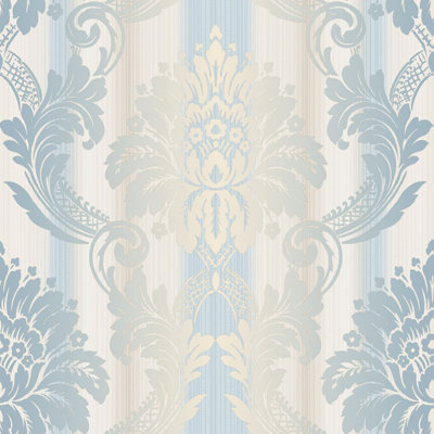 Galerie Classic Silks 3 Blue Fine Stripe Damask Embossed Wallpaper