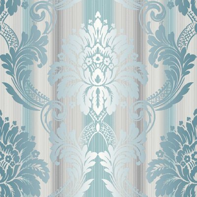 Galerie Classic Silks 3 Blue Fine Stripe Damask Embossed Wallpaper