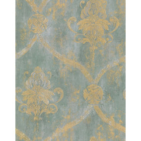 Galerie Classic Silks 3 Blue Vintage Effect Damask Smooth Wallpaper