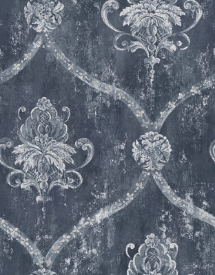 Galerie Classic Silks 3 Blue Vintage Effect Damask Smooth Wallpaper