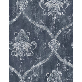Galerie Classic Silks 3 Blue Vintage Effect Damask Smooth Wallpaper