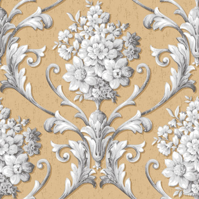 Galerie Classic Silks 3 Yellow Gold Damask Smooth Wallpaper DIY at B&Q