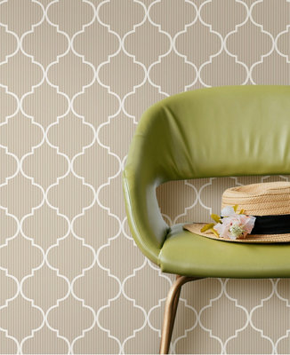 Galerie Cottage Chic Beige Thin Stripe Quatrafoil EcoDeco Material Wallpaper Roll
