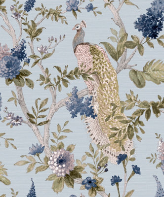 Galerie Cottage Chic Blue Floral Peacock Wallpaper Roll