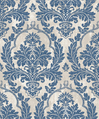 Galerie Cottage Chic Blue Large Damask Wallpaper Roll