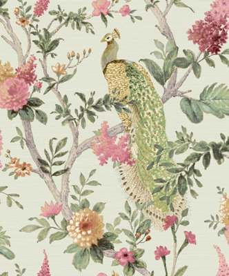 Galerie Cottage Chic Green Floral Peacock Wallpaper Roll