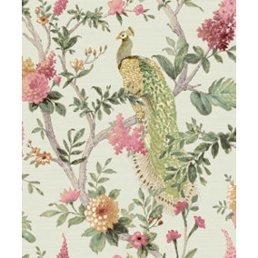 Galerie Cottage Chic Green Floral Peacock Wallpaper Roll