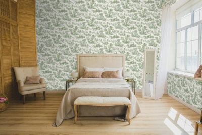 Galerie Cottage Chic Green Toile EcoDeco Material Wallpaper Roll