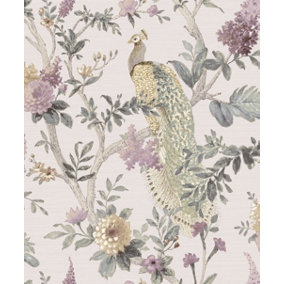 Galerie Cottage Chic Grey Floral Peacock Wallpaper Roll