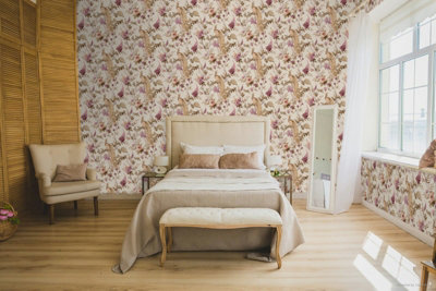 Galerie Cottage Chic Pink Floral Peacock Wallpaper Roll