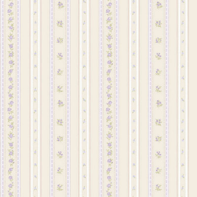 Galerie Country Cottage Lilac Beige Floral Stripe Smooth Wallpaper