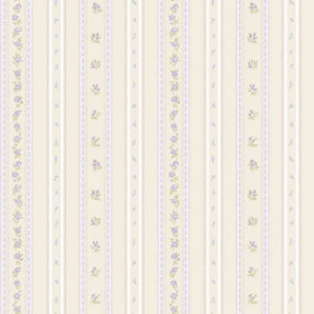 Galerie Country Cottage Lilac Beige Floral Stripe Smooth Wallpaper