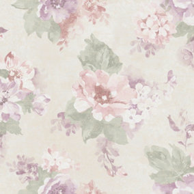Galerie Country Cottage Purple Green Cream Vintage Bloom Smooth Wallpaper