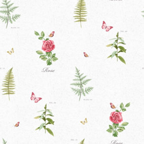 Galerie Country Cottage Red Green Rose Botanical Motif Smooth Wallpaper