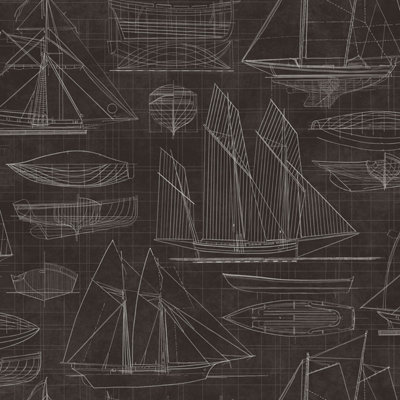 Galerie Deauville 2 Black White Nautical Blueprint Smooth Wallpaper