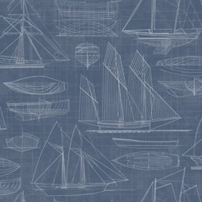 Galerie Deauville 2 Marine Blue White Nautical Blueprint Smooth Wallpaper