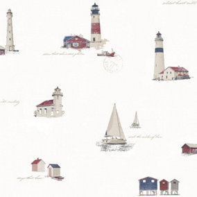 Galerie Deauville 2 Navy Blue Red White Beach Huts Smooth Wallpaper