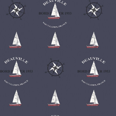 Galerie Deauville 2 Navy Blue Red White Deauville Boat Motif Smooth Wallpaper