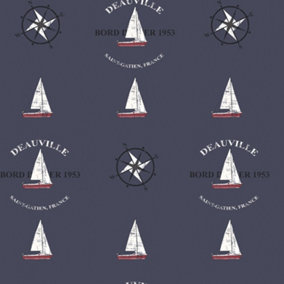Galerie Deauville 2 Navy Blue Red White Deauville Boat Motif Smooth Wallpaper