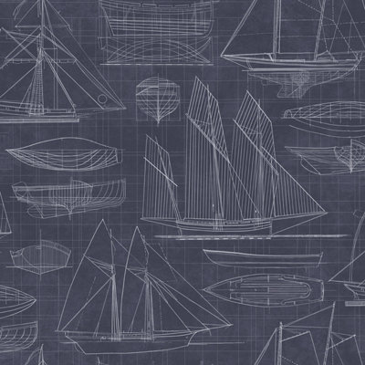 Galerie Deauville 2 Navy Blue White Nautical Blueprint Smooth Wallpaper