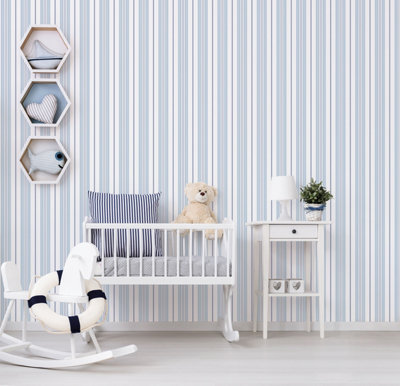 Galerie Deauville 2 Sky Blue Navy Blue White Two Colour Stripe Smooth Wallpaper