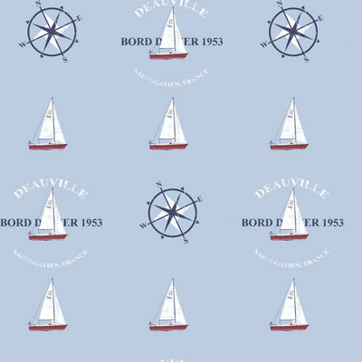 Galerie Deauville 2 Sky Blue Red White Deauville Boat Motif Smooth Wallpaper