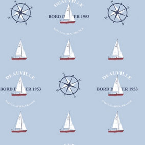 Galerie Deauville 2 Sky Blue Red White Deauville Boat Motif Smooth Wallpaper